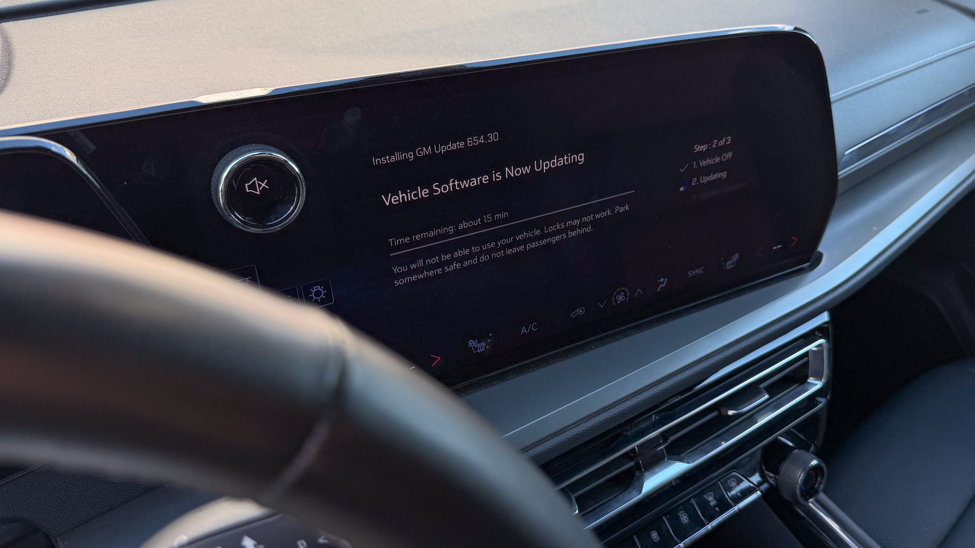 Installation screen of an over-the-air software update in a mid-2020s model General Motors vehicle, potentially a Chevrolet Traverse or Equinox EV