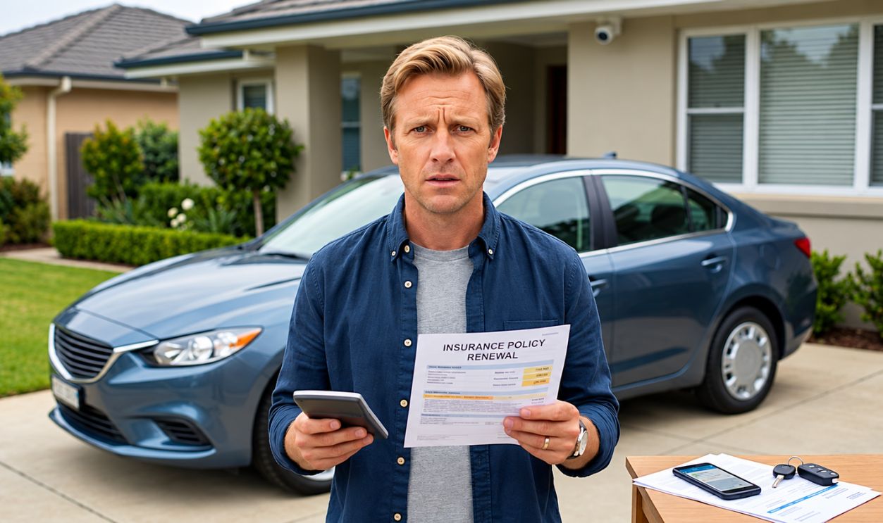 frustrated man holding car insurance renewal document