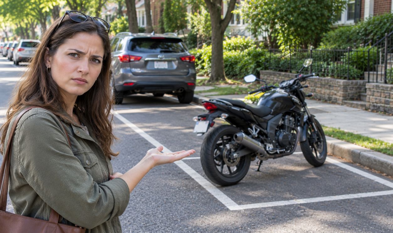 Frustrated Woman Questions Motorcycle Parking