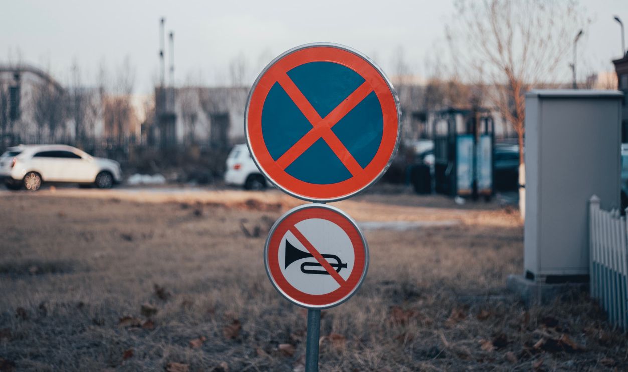 Street signs indicating no parking and horn prohibition on a grassy urban area.