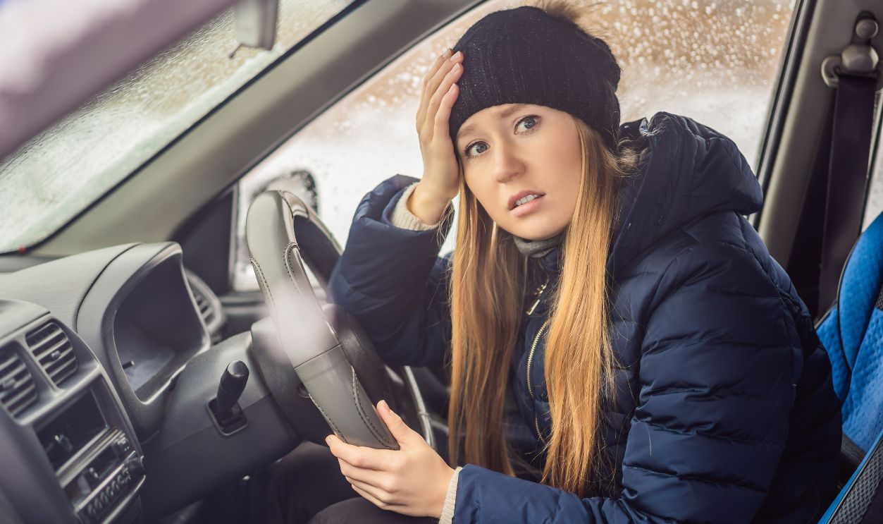 Woman in a car during a snowfall, problems on the road