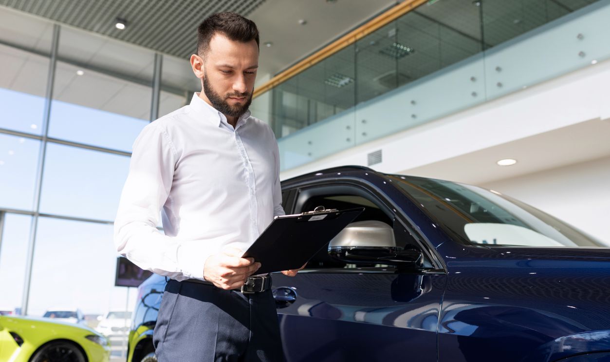 the seller at the car dealership prepares documents for the buyer of the car