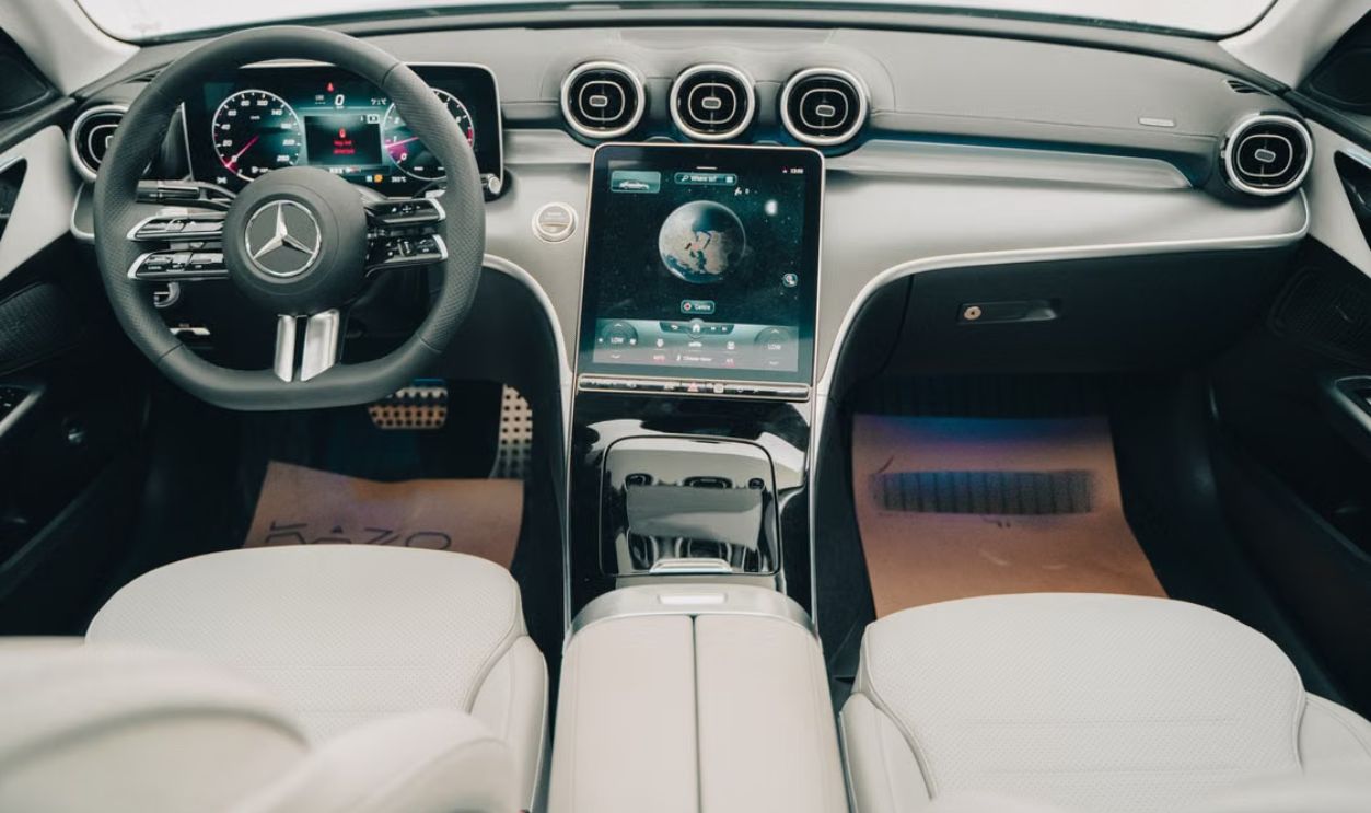 Elegant Mercedes-Benz car interior showcasing luxury seating and state-of-the-art dashboard technology