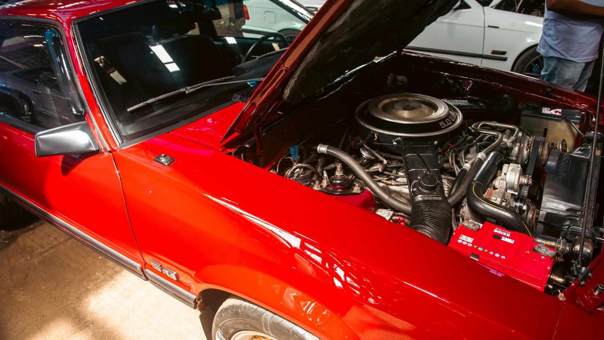A red car with its hood open to reveal a 5.0 liter engine