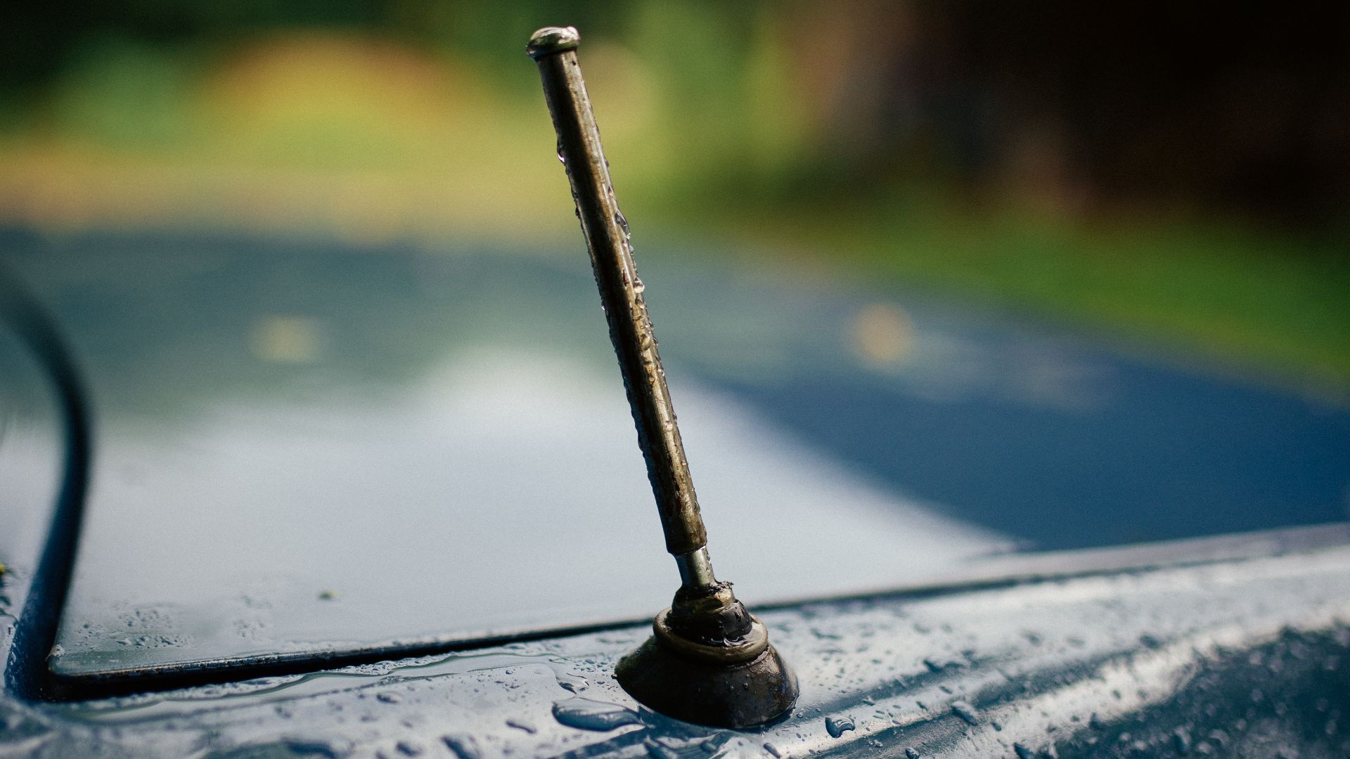 Rain droplets sit on the dark blue surface of a car roof. An antenna juts out from the roof. The background shows green grass and a structure, hinting at cloudy weather.