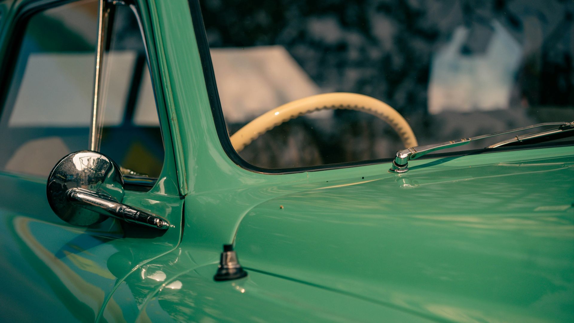 Close-up of a vintage green car interior
