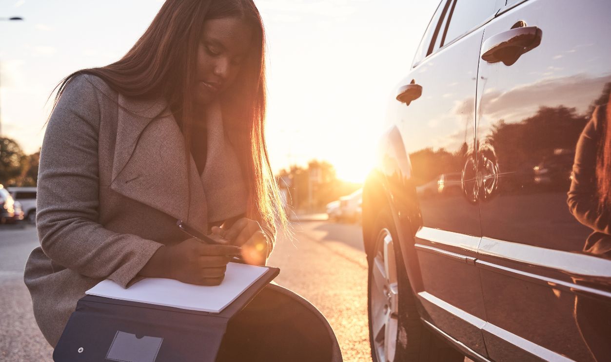 Insurance agent writing on clipboard while examining car after accident claim being assessed and processed. Insurance woman african american check for damage on side door car. Transportation concept