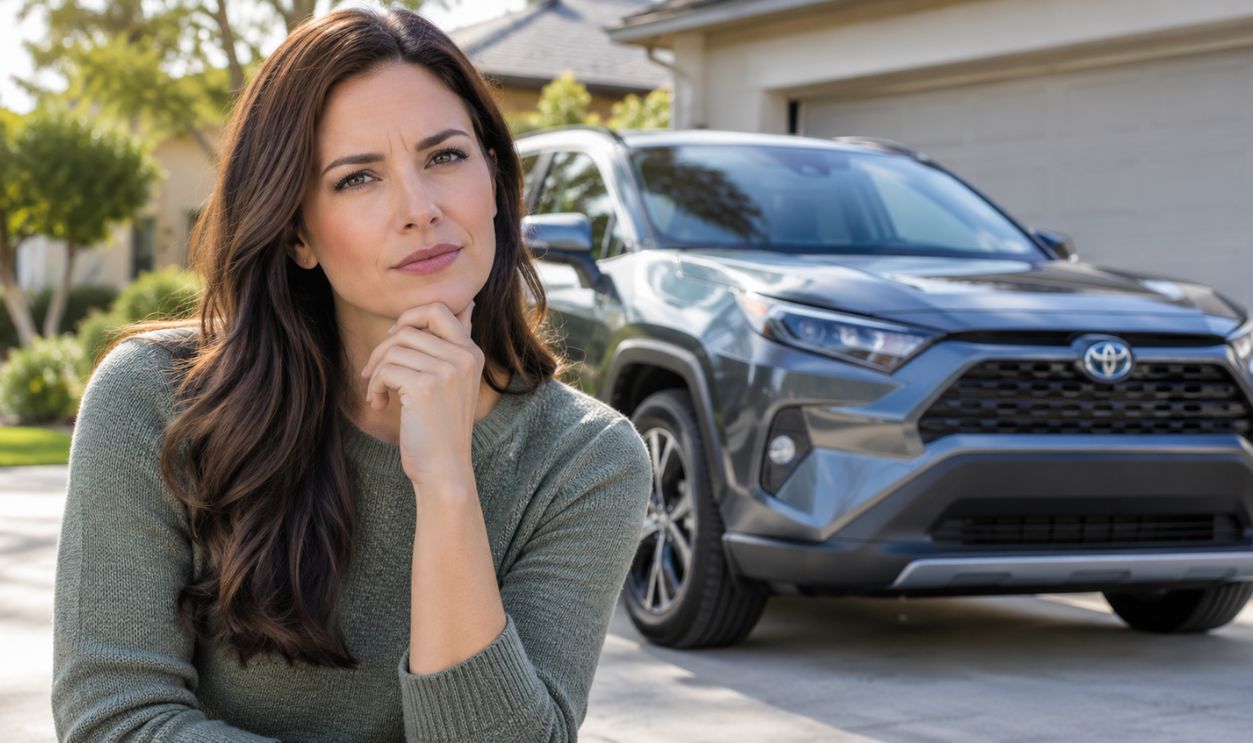 Thoughtful Woman with Hybrid SUV