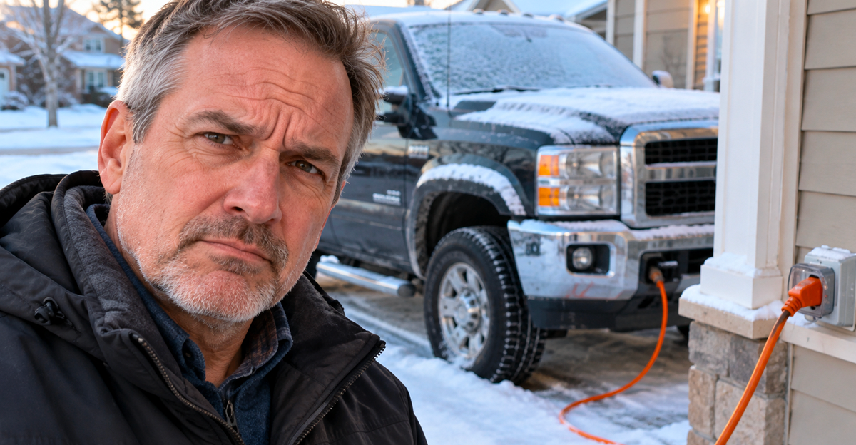 Annoyed man in winter in front of diesel truck in driveway with block heater plugged into house