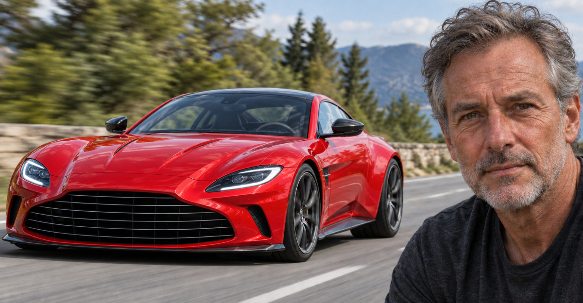red sports car on road, man in foreground looking at camera