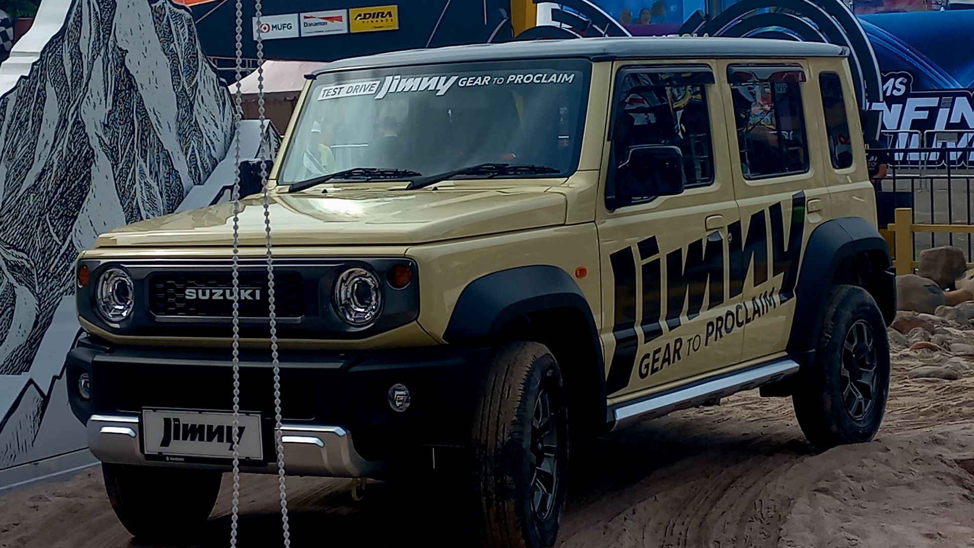 New Suzuki Jimny 5 door is testing drive in the sandy track (Indonesia International Motor Show, Kemayoran, North Jakarta)
