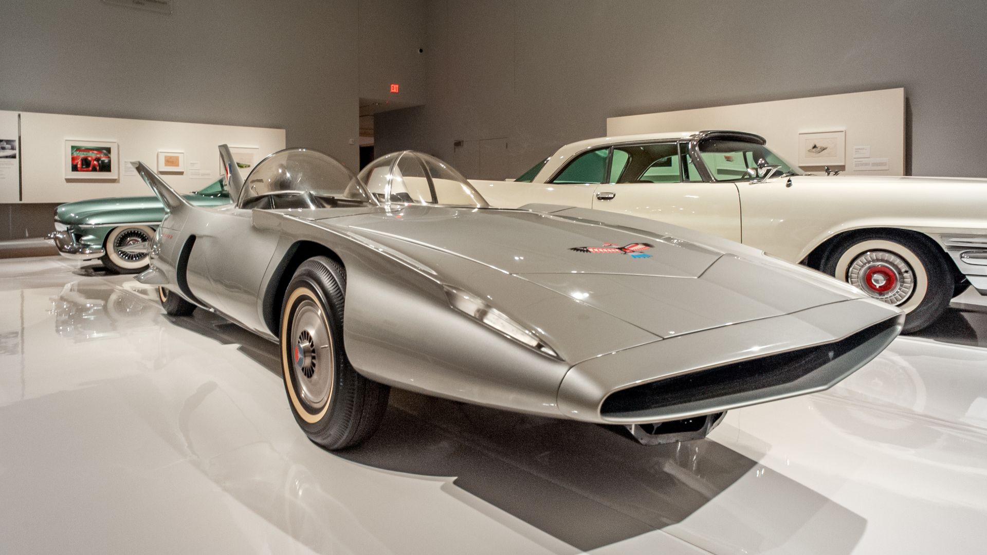 Front quarter view of the General Motors Firebird III concept car at the Detroit Institute of Art in 2020