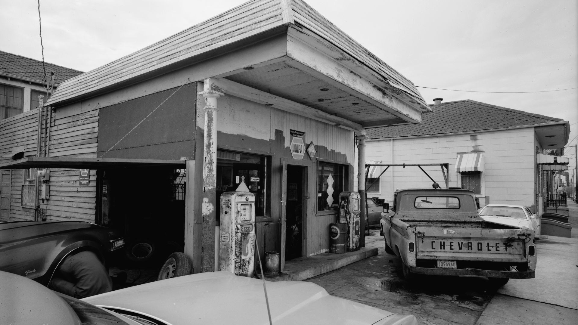 Gas station, Faubourg Marigny section, New Orleans, 1979. Faubourg Marigny District, Burgundy Street, just up from St. Roch Street.
Related photo: Image:MarignyGasStationJuly2008.jpg same building in July 2008