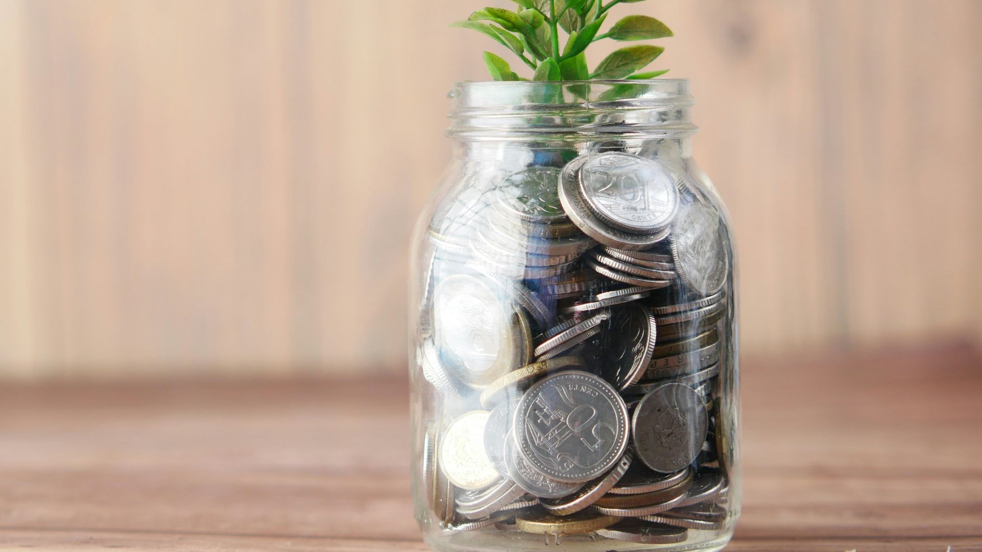 a glass jar filled with coins and a plant