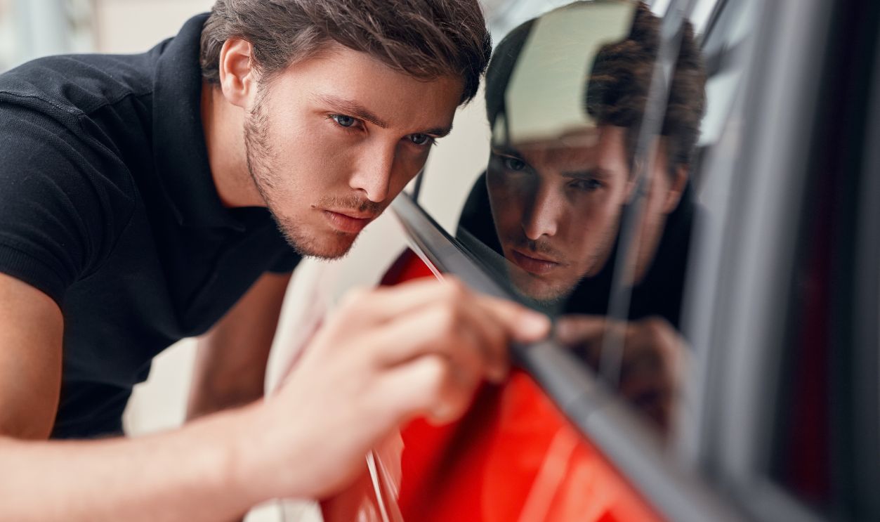 man checking car window tint