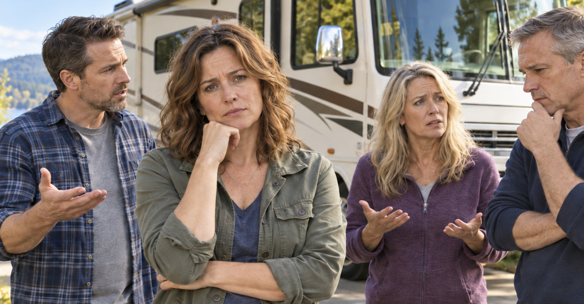 AI-generated image of a group of siblings debating what to do with their inherited RV.