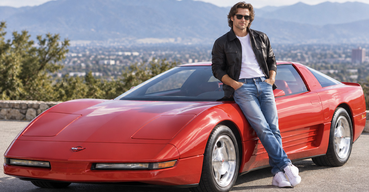 AI-generated image of a man leaning against a 1986 Chevrolet Corvette Indy concept car.