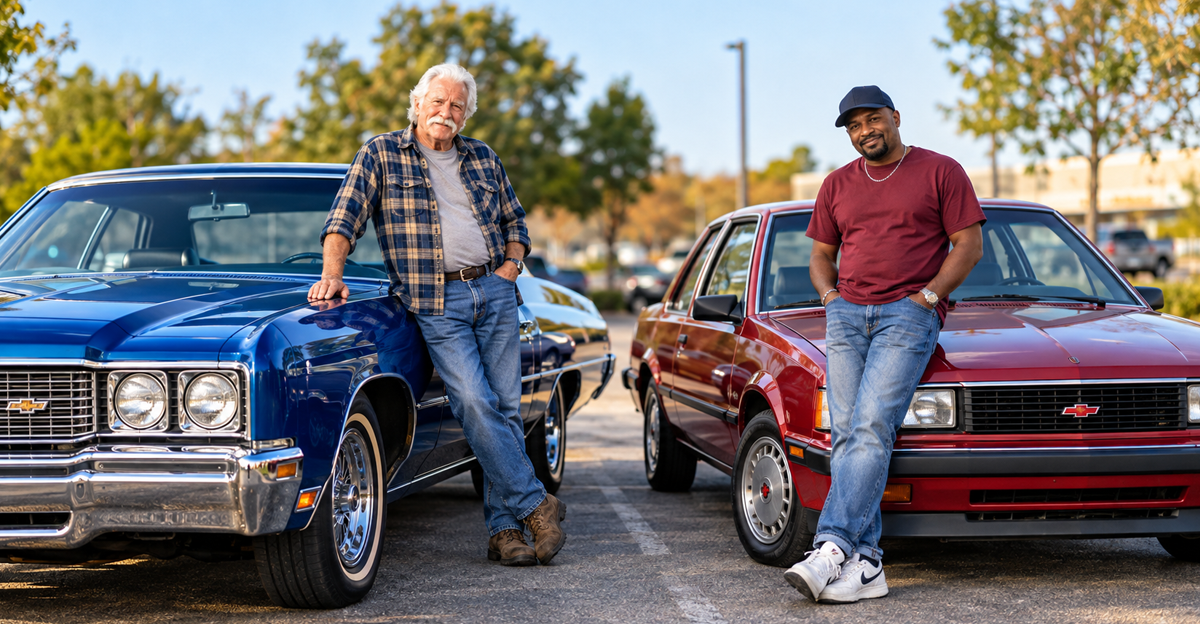 AI-generated image of two men beside a Chevrolet Impala and Cavalier