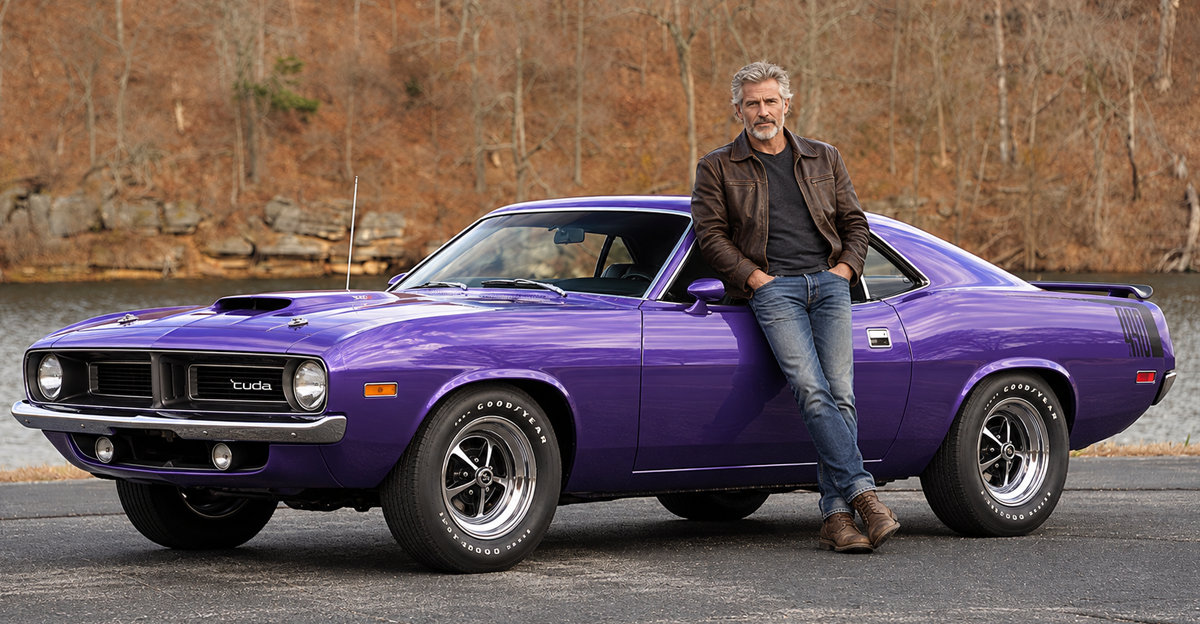 AI-generated image of a man leaning against a purple Plymouth Barracuda
