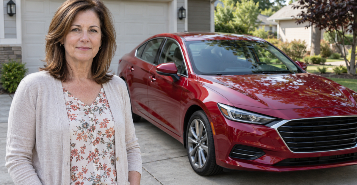 Woman standing in driveway next to her car