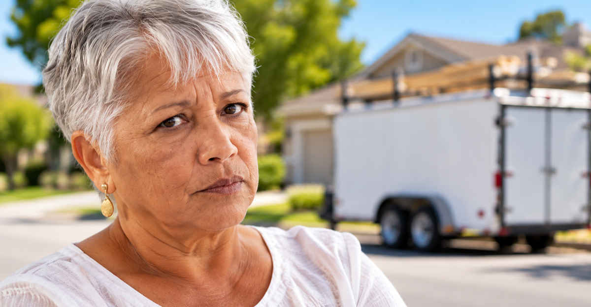 AI-generated image of annoyed woman with trailer behind her