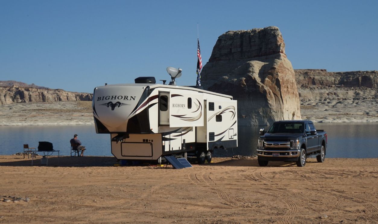 A serene RV camping scene by Lake Powell with stunning rock formations, perfect for a travel adventure.