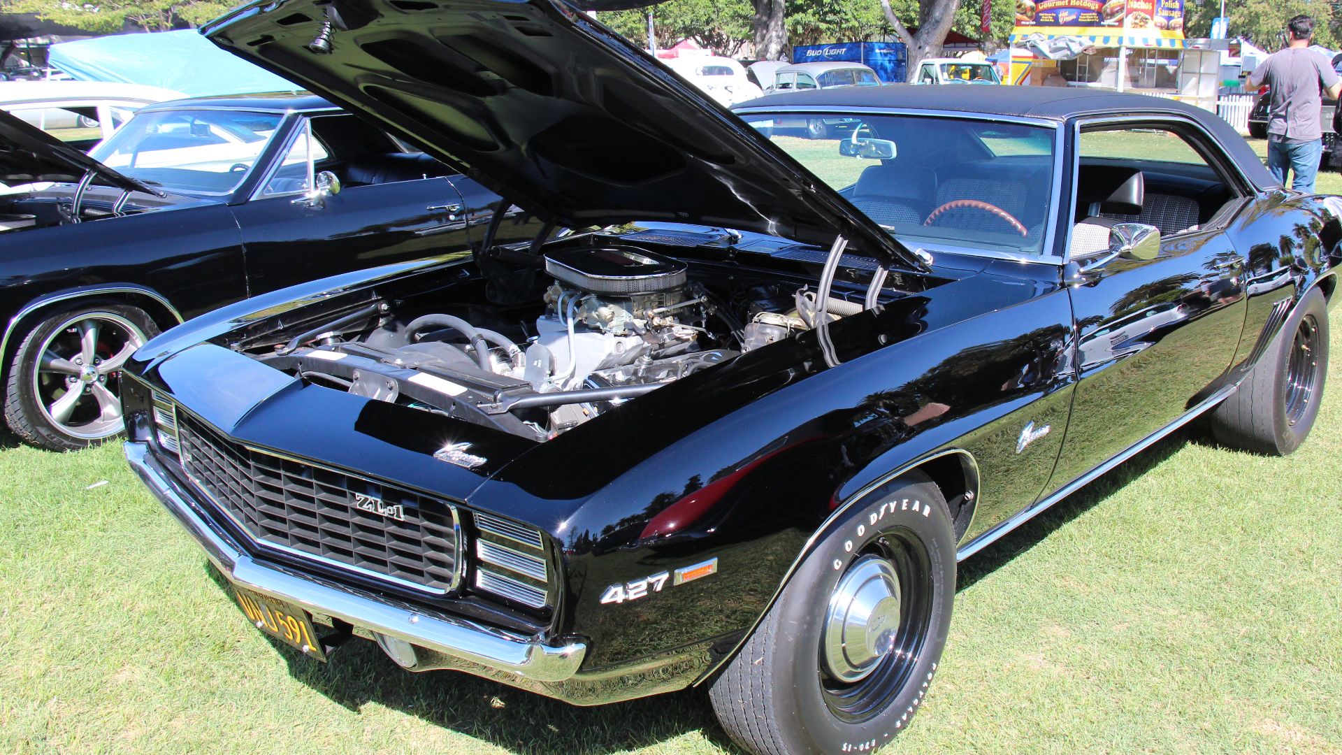 Tuxedo Black.
In 1969, the Camaro got all new sheet metal, except the hood and trunk lid, but the drivetrain stayed much the same, the grille got a distinctive V shape and the headlights were inset. It looked lower, wider and more aggressive.
Available i