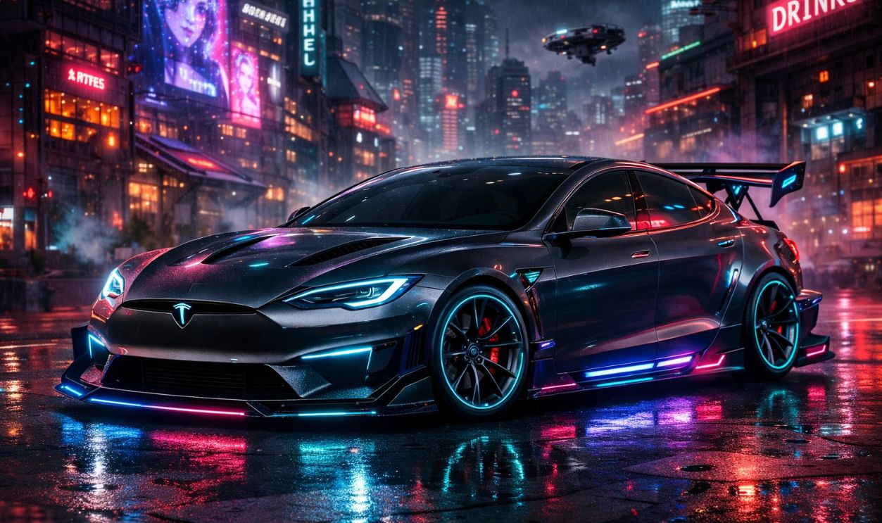 Cyberpunk-Themed Tesla Model S