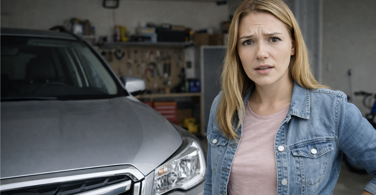 Concerned woman in garage with SUV