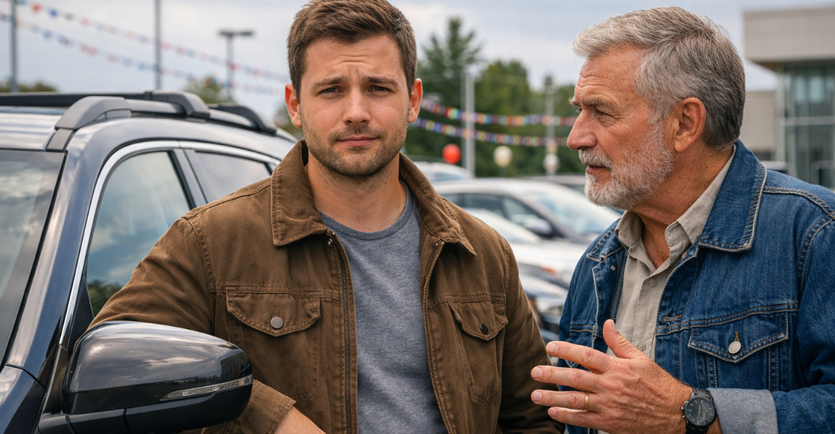 Father and Son at Car Dealership