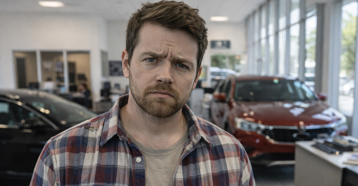 Concerned shopper at car dealership.