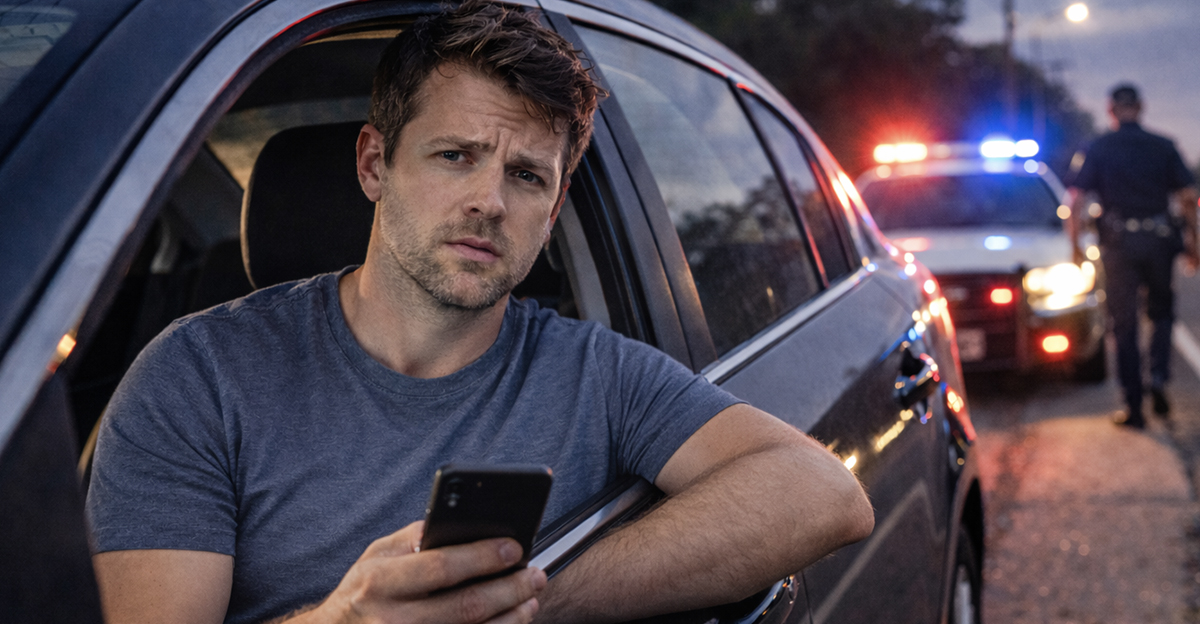 Concerned driver at the side of the road, holding their cell phone after receiving a ticket.
