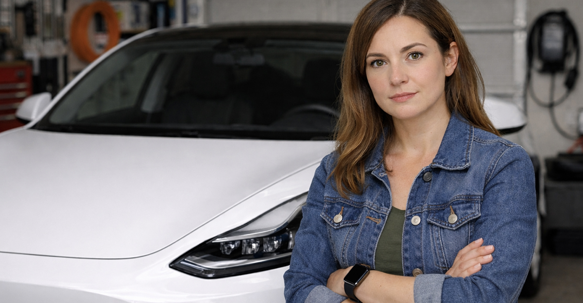 Woman with electric vehicle in garage.