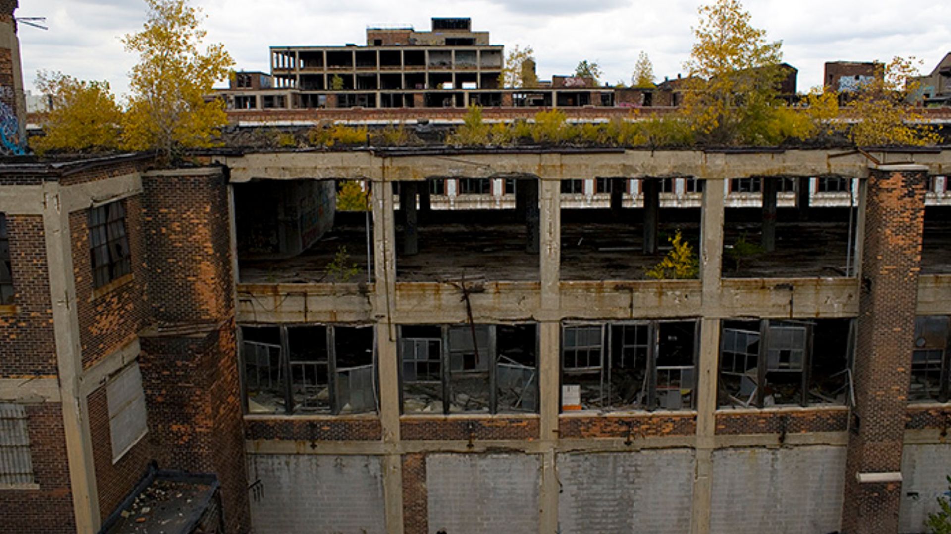 A view of part of the former Packard plant, taken from a rooftop of a neighboring part of the structure.