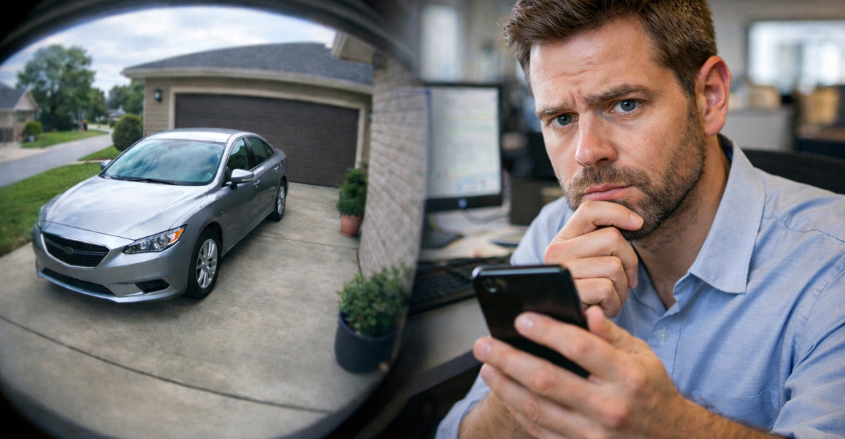 Man monitors driveway from office desk
