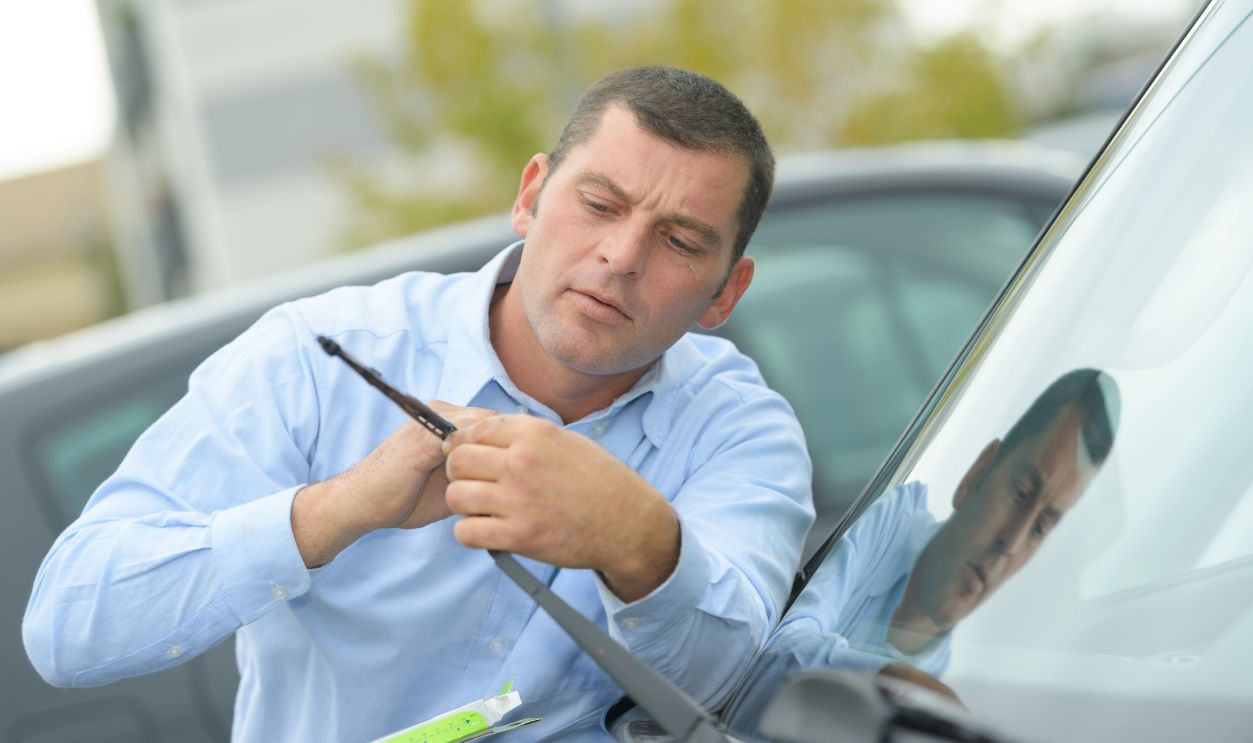 man inspecting the cars wipers