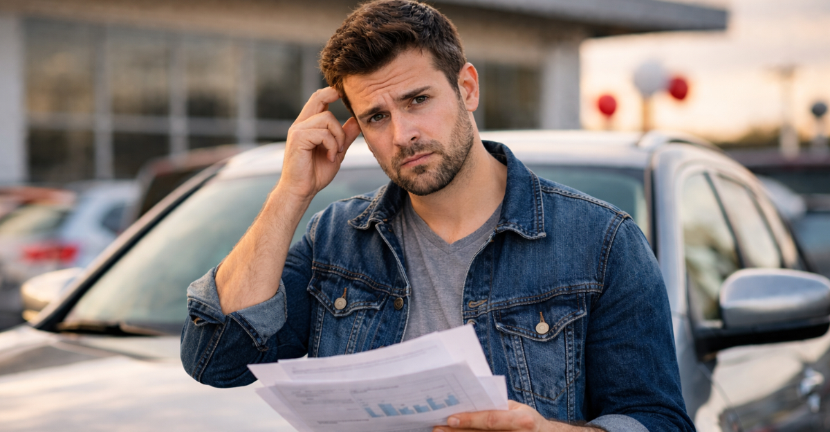 Man confused at car dealership paperwork