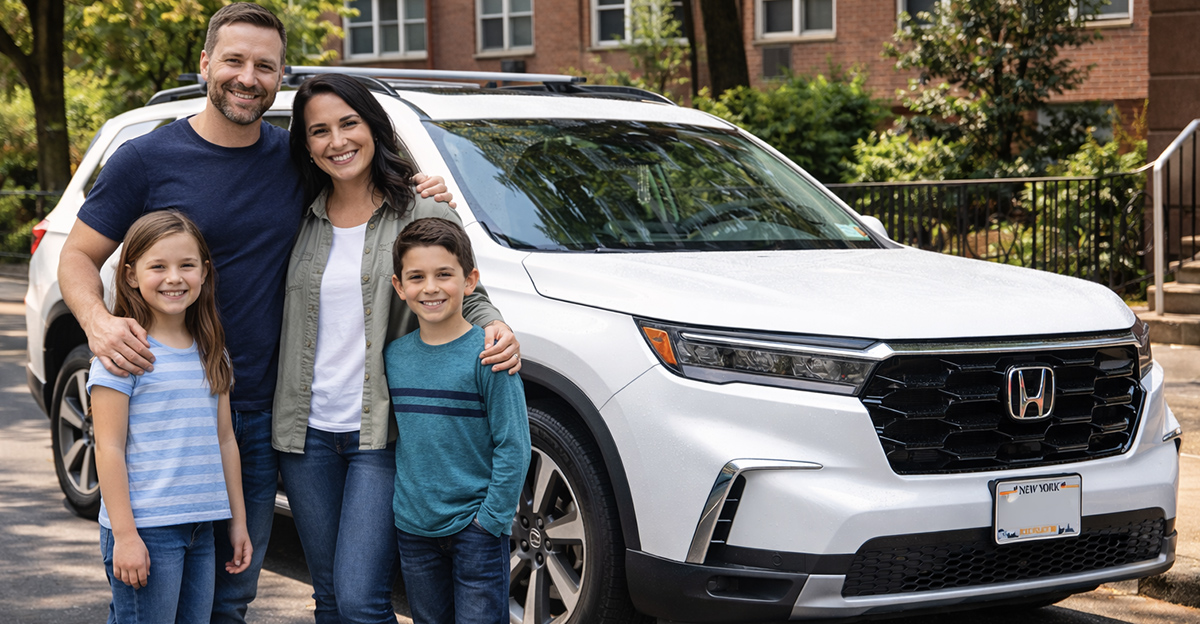 Family standing in front of a 2023 Honda Pilot Touring