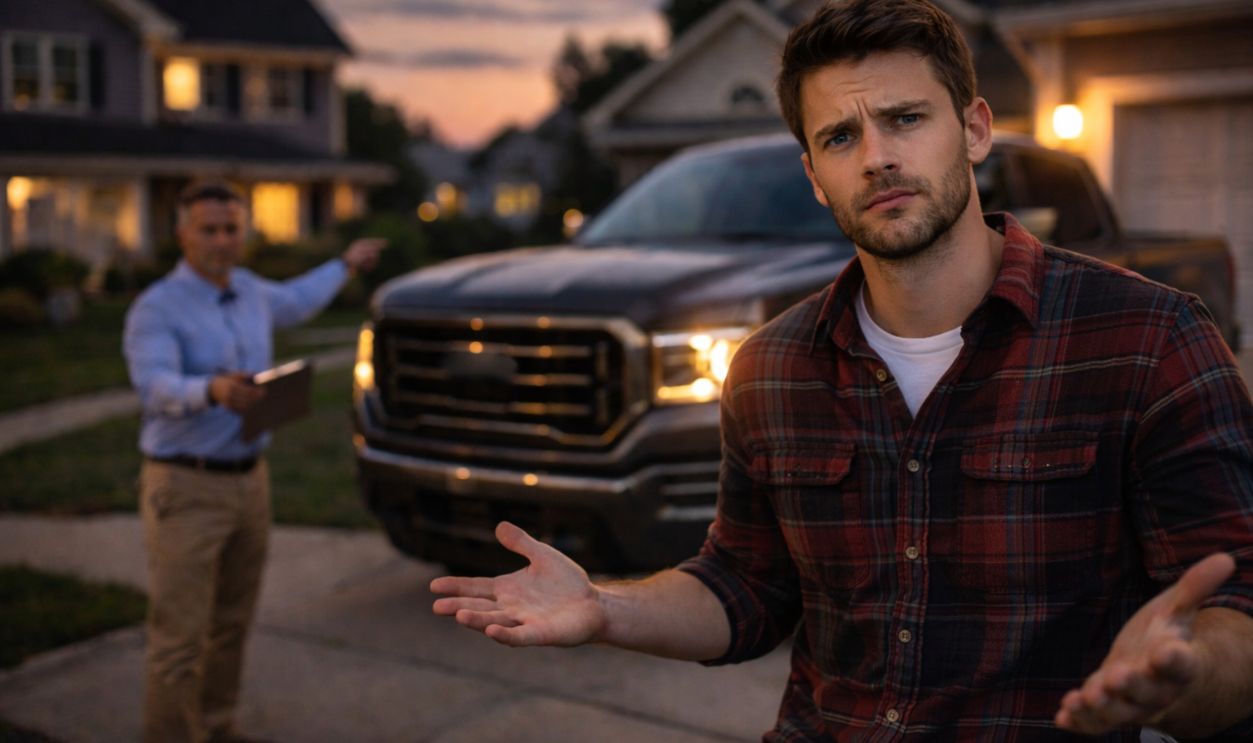 men with pickup truck on driveway