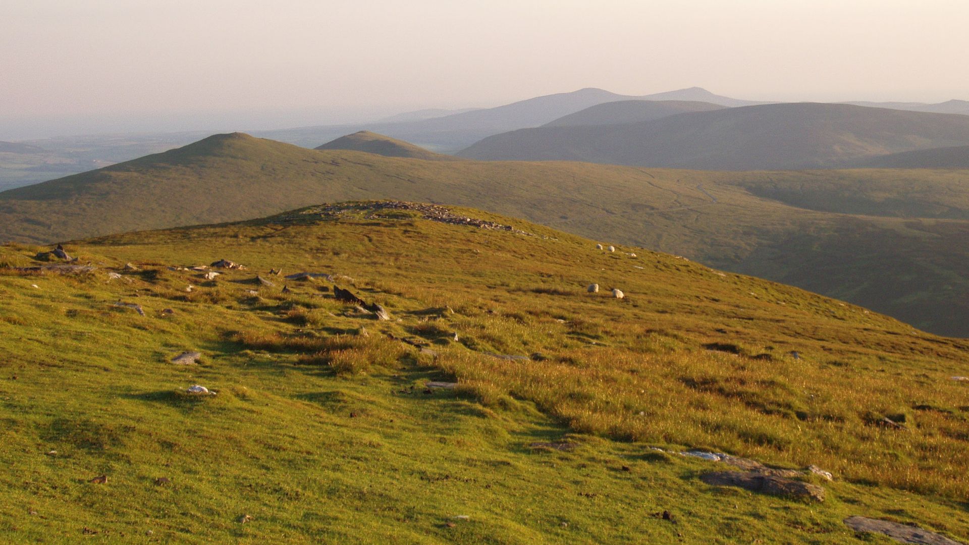 View from the top of Snaefell Mountain looking southwestward showing the mountainous terrain along the axis of the Isle of Man.