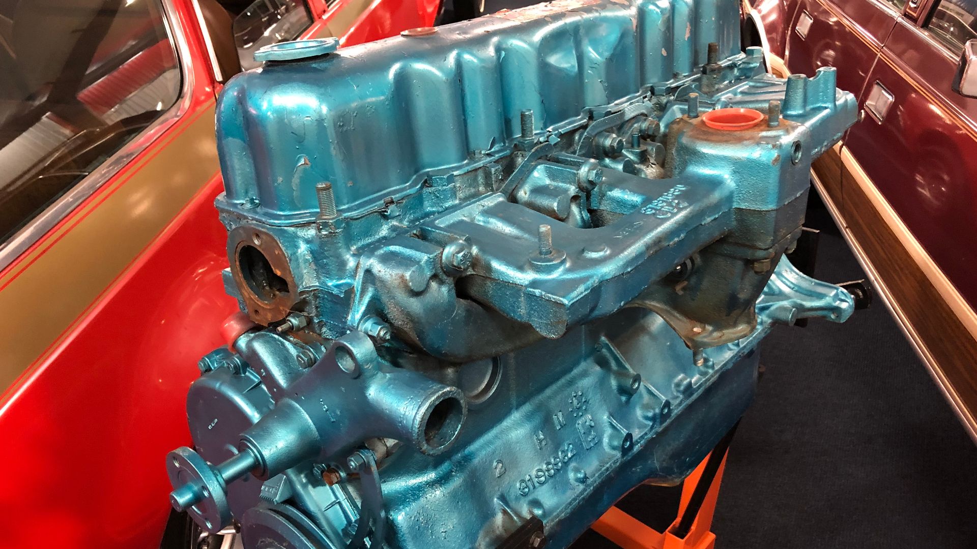 American Motors AMC modern era inline-six on a stand. Part of the massive display of automotive history at the Rambler Ranch.
Photographed at the Rambler Ranch collection located at 36370 Forest Trail, Elizabeth, CO 80107 -- see: https://www.ramblerranch.com -- that was part of the 2021 American Motors Owners (AMO) convention held in Colorado Springs, Colorado.