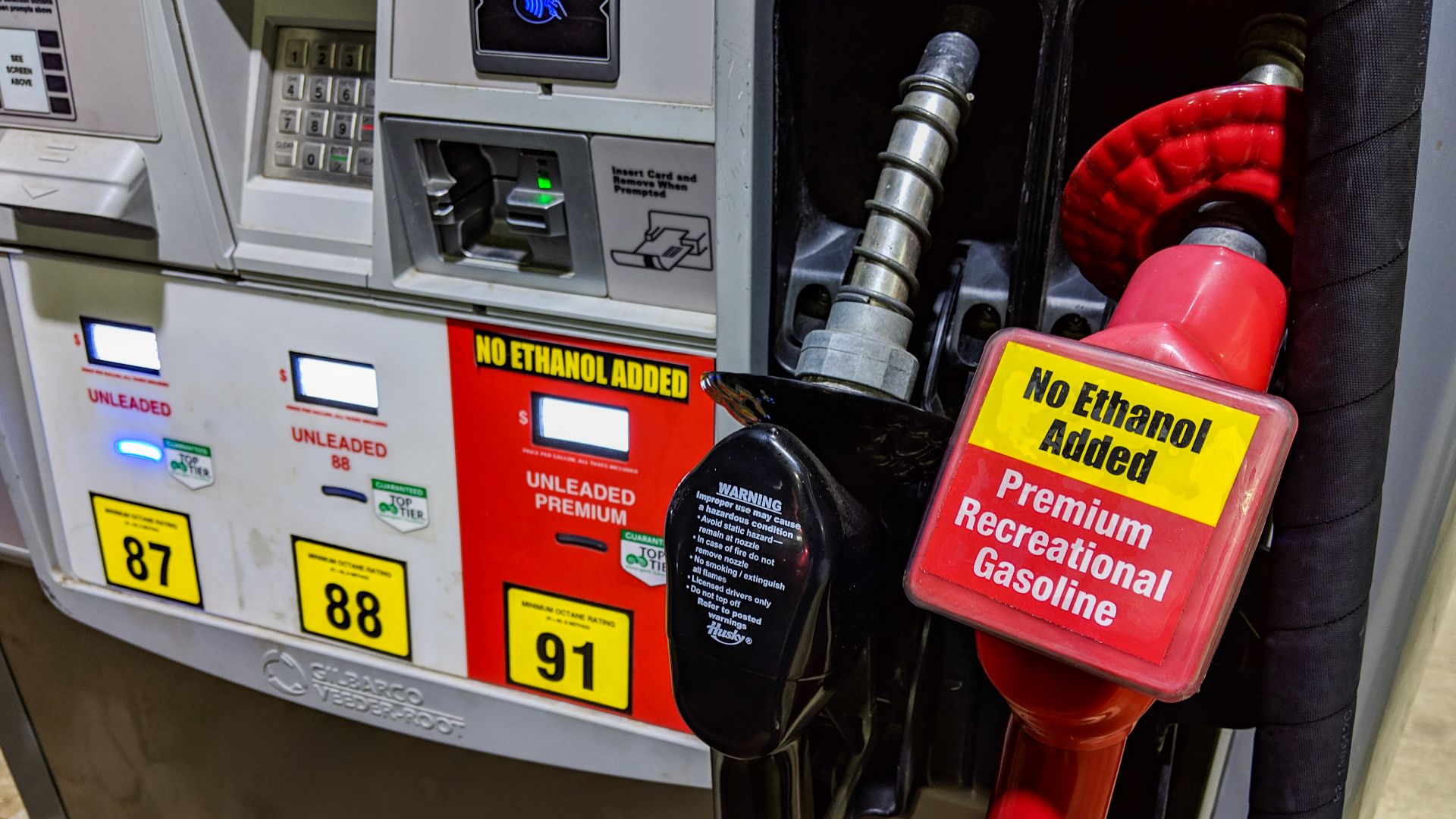 91 octane premium unleaded gasoline, no ethanol added (ethanol free fuel) gas pump, at a Kwik Trip fueling station in Hinckley, Minnesota.