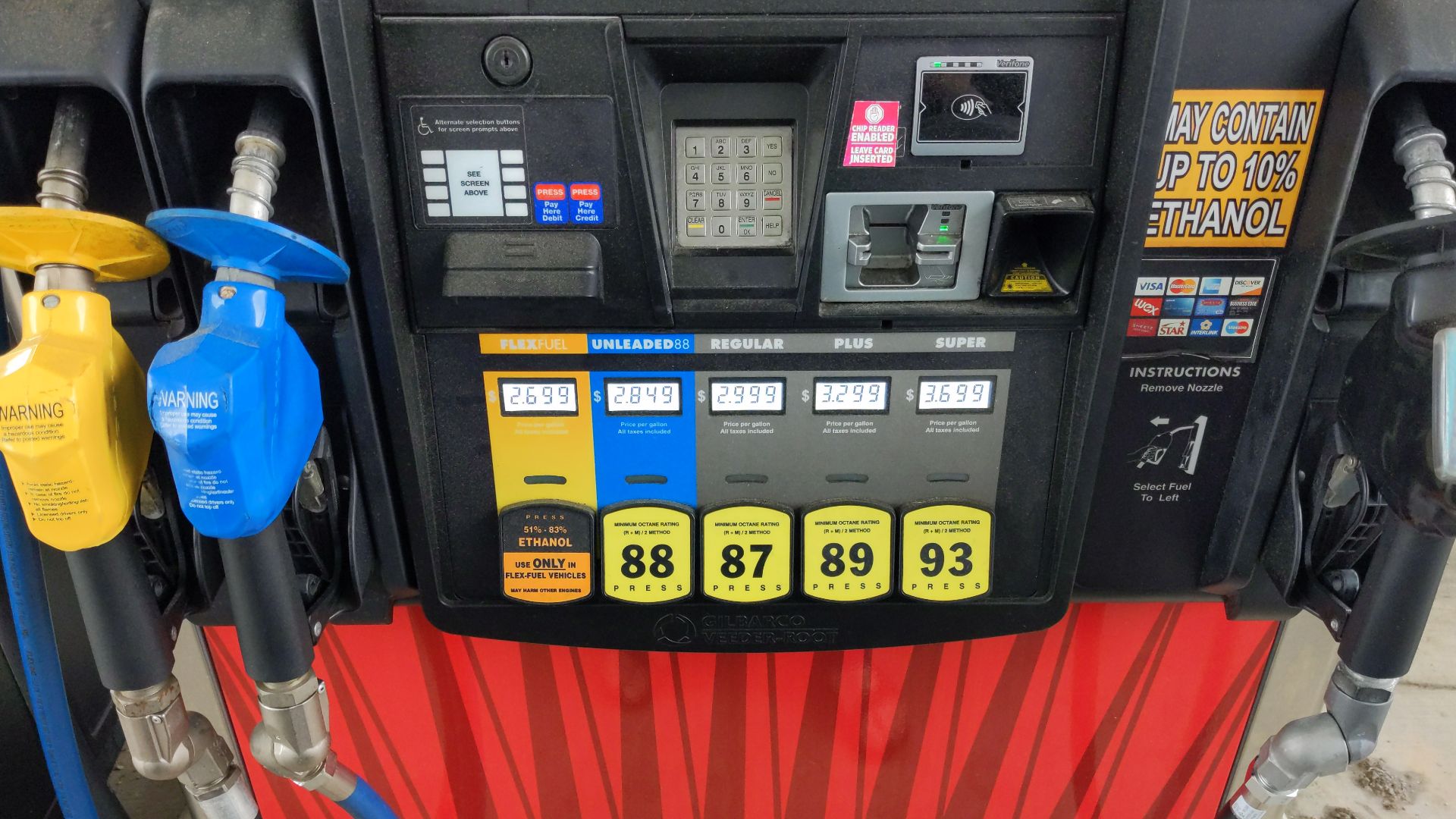 Close up of a gas pump with three nozzles: yellow for E85 (