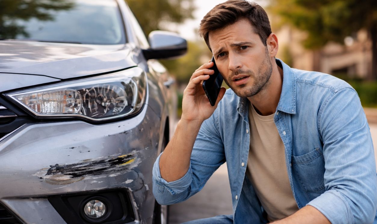 Worried man beside damaged car