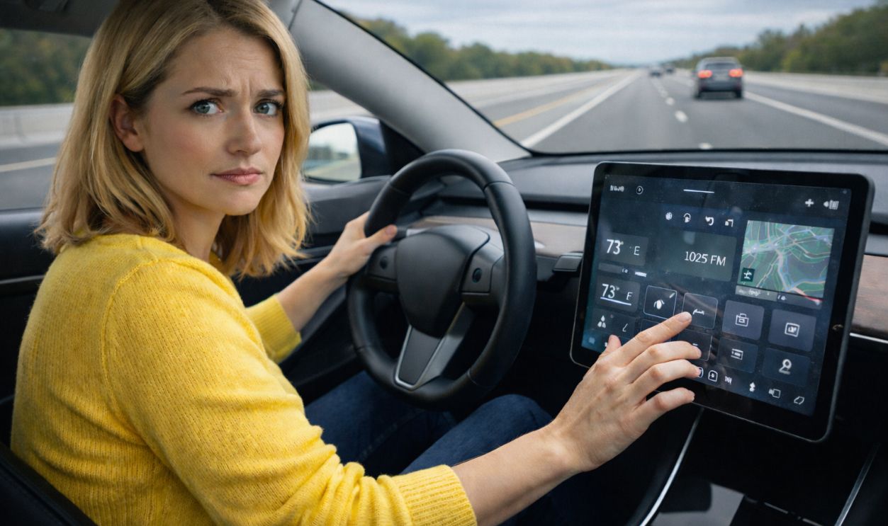 woman using touchscreen in car
