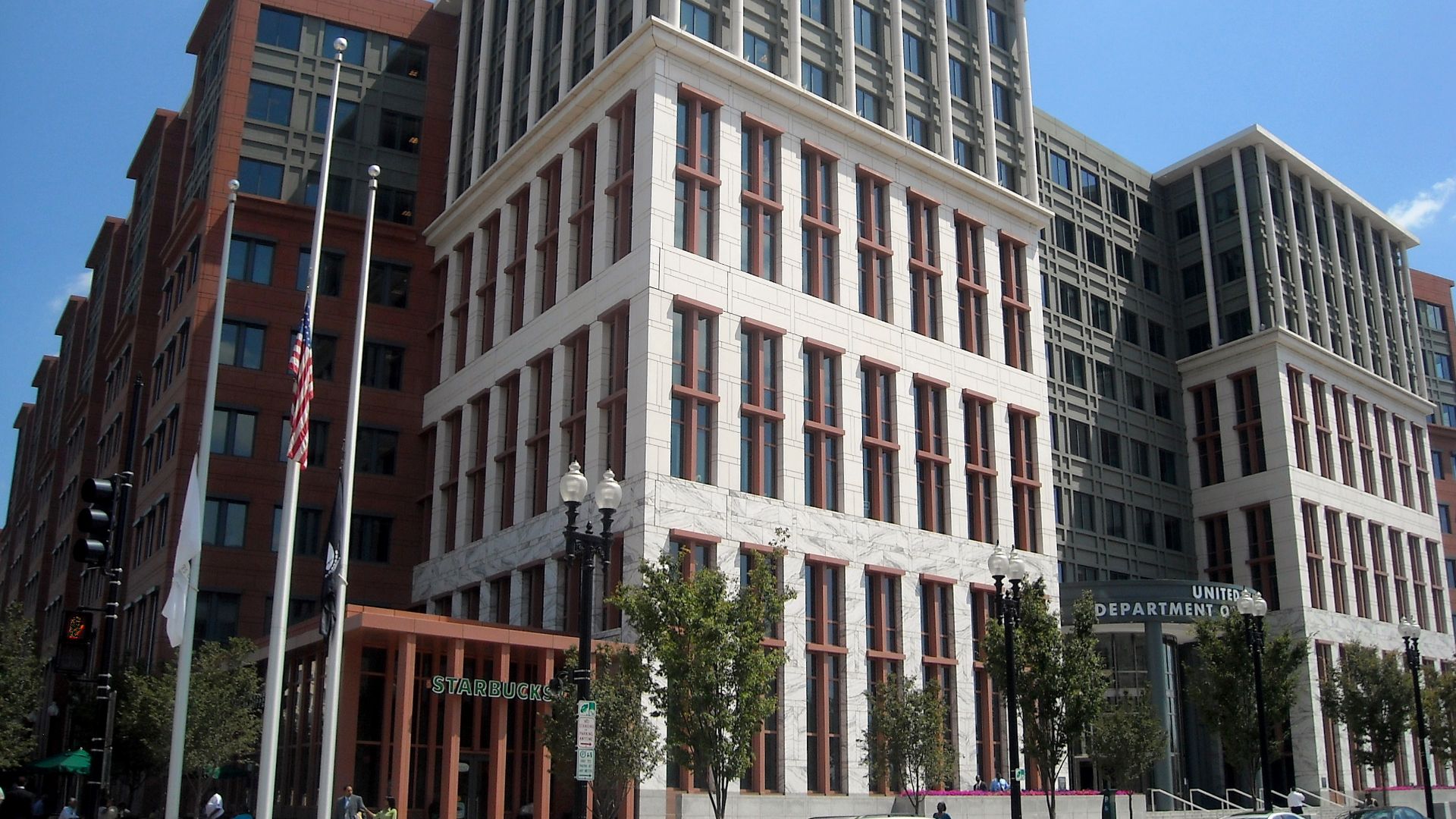 The entrance to the United States Department of Transportation headquarters (as viewed from the intersection of M Street and New Jersey Avenue, S.E.), located at 1200 New Jersey Avenue, S.E., in the Navy Yard neighborhood of Washington, D.C.