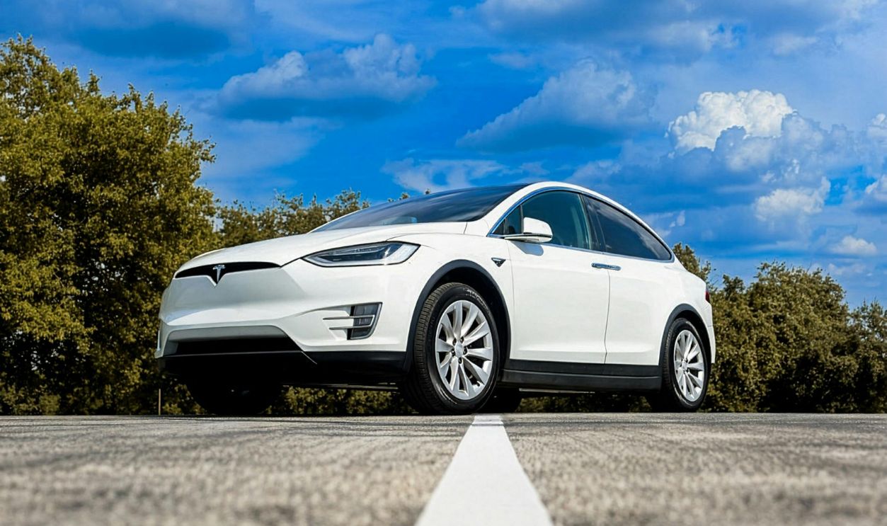 White Electric Car on Open Road Under Blue Sky
