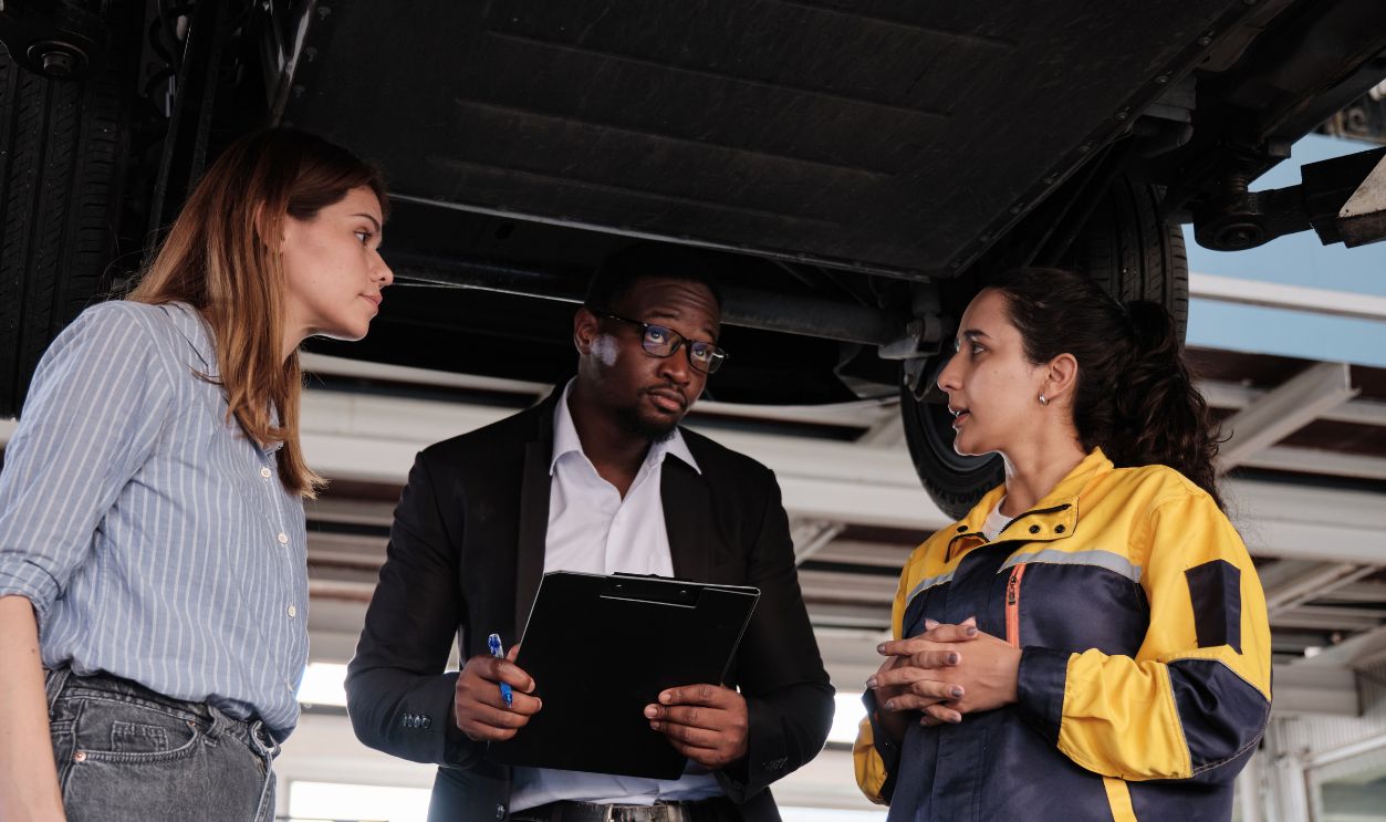 Latino mechanic manager explains to White female client and Black insured agent about EV car undercarriage fix work, claim warranty service maintenance at automotive garage, transportation industry.