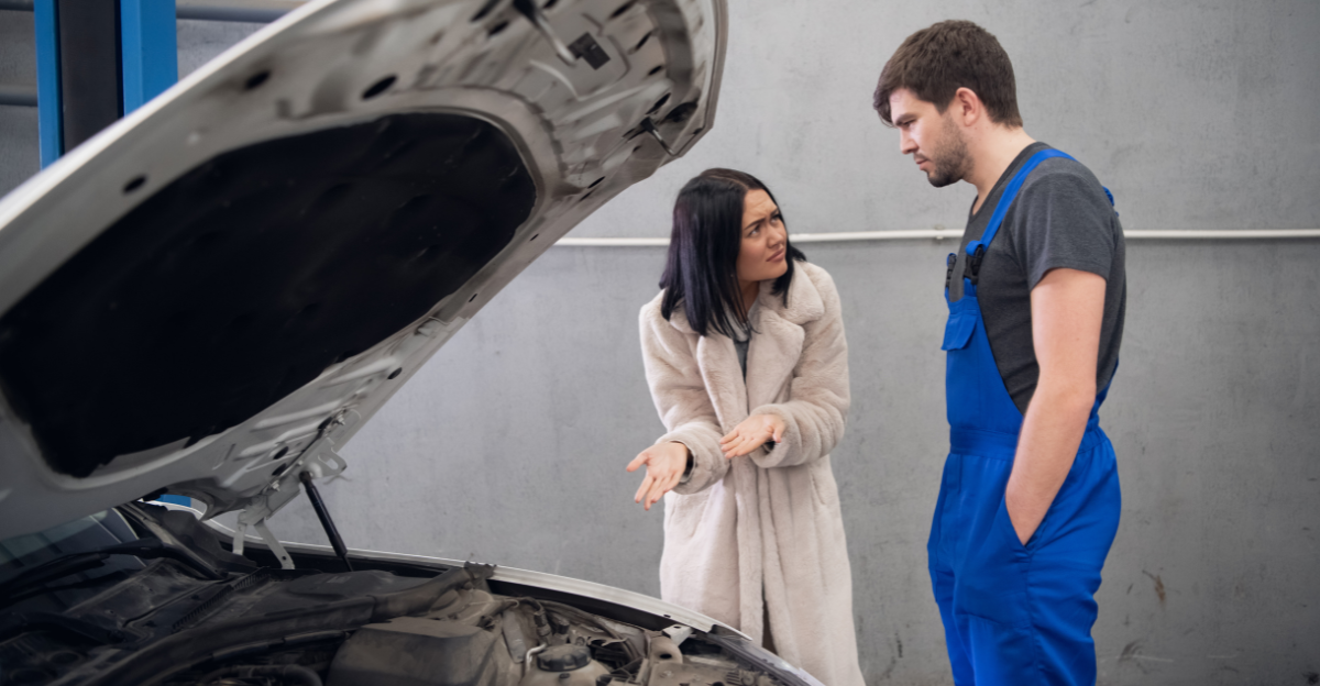 A client complains to a repairer about a bad car repair