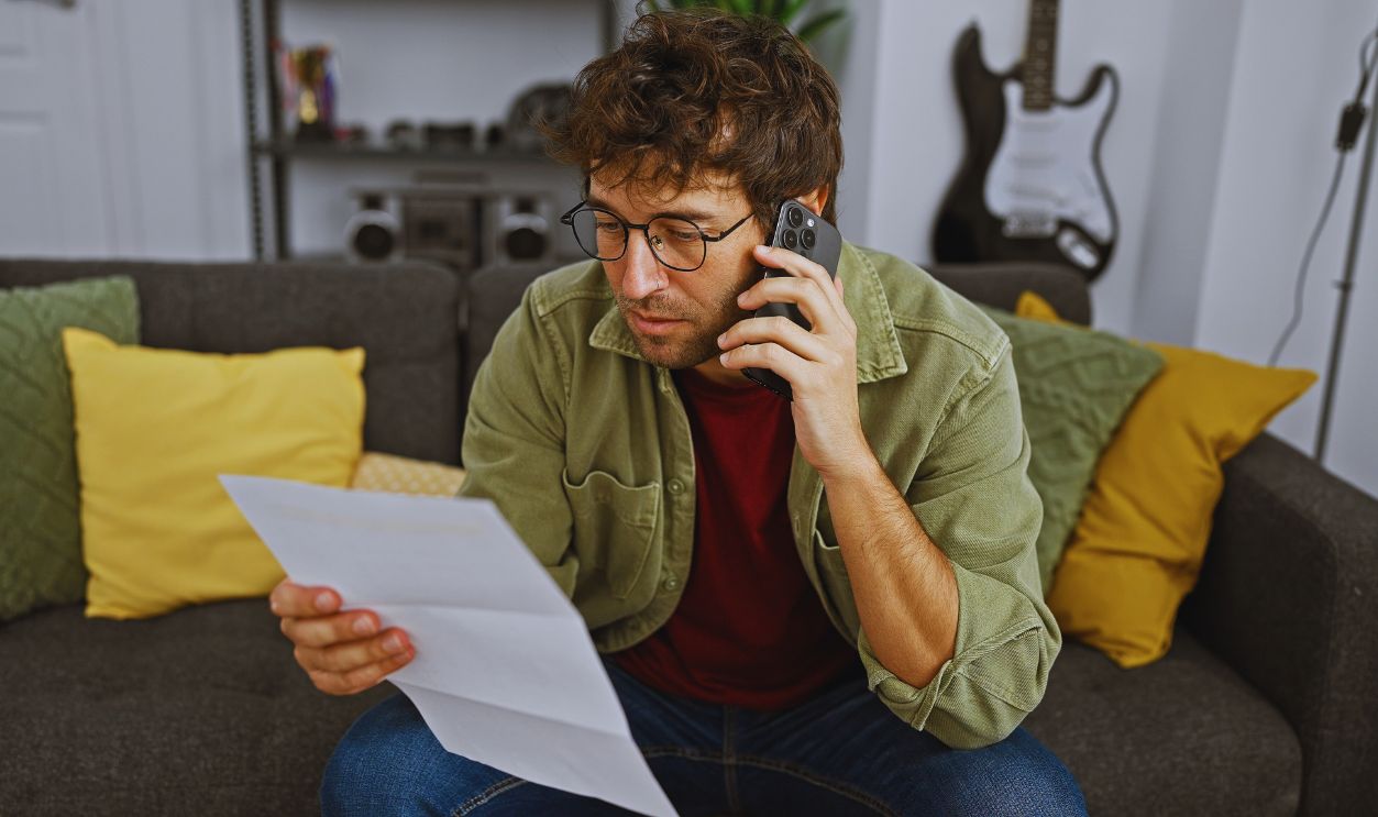 Young man looking at documents worried